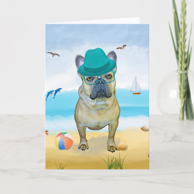 Französischer Bulldog-Hund am Strand Karte (Vorderseite)