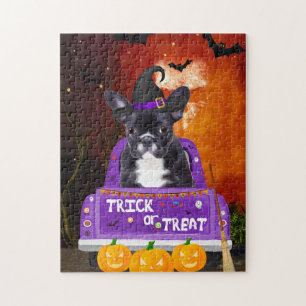 Französischer Bulldog-Hund im Halloween-Lkw Puzzle