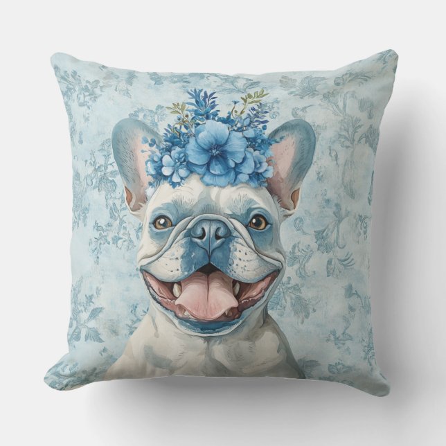Französischer Bulldog Hund Lover Blue Floral Kissen (Vorderseite)