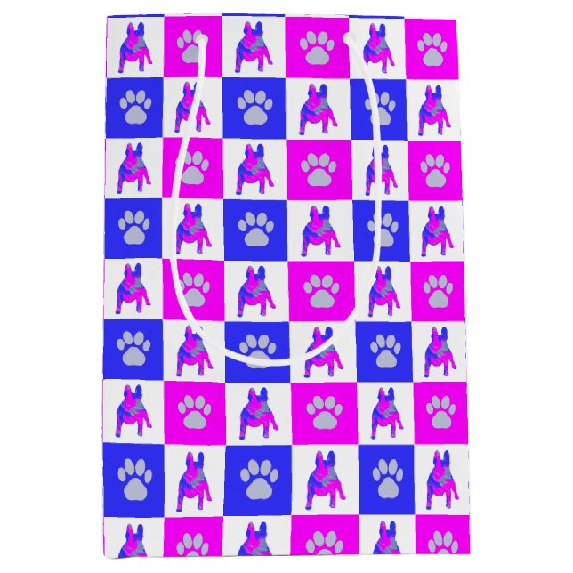 Französischer Bulldog Hund & Paw Hot Pink & Blue Mittlere Geschenktüte (Vorderseite)