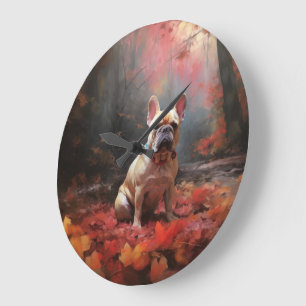 Französischer Bulldog im Herbst Leaves Fall Inspir Große Wanduhr