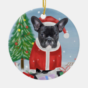 Französischer Bulldog im Schnee mit Weihnachtsgesc Keramik Ornament