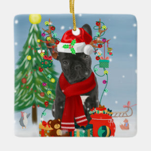 Französischer Bulldog im Schnee mit Weihnachtsgesc Keramikornament