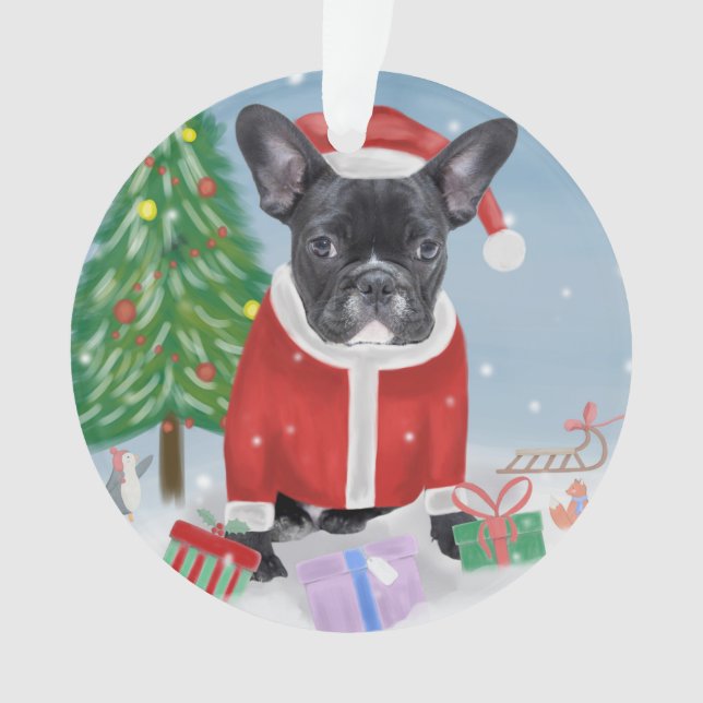 Französischer Bulldog im Schnee mit Weihnachtsgesc Ornament (Vorderseite)