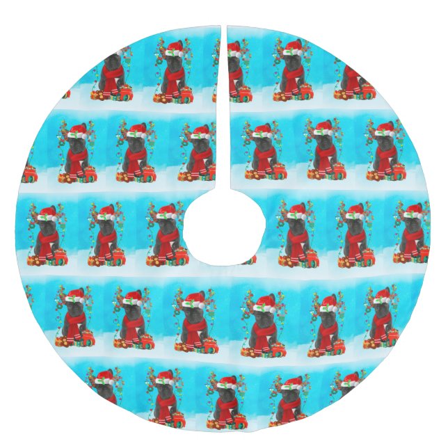 Französischer Bulldog im Schnee mit Weihnachtsgesc Polyester Weihnachtsbaumdecke (Vorderseite)