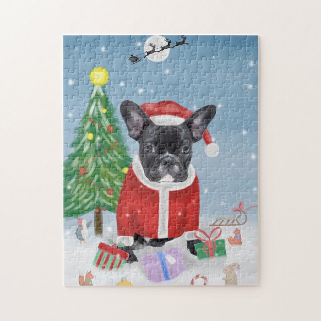Französischer Bulldog im Schnee mit Weihnachtsgesc Puzzle (Vertikal)