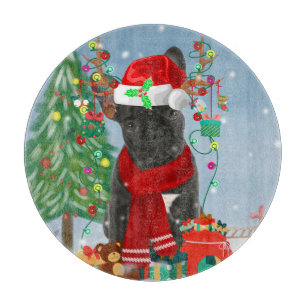 Französischer Bulldog im Schnee mit Weihnachtsgesc Schneidebrett