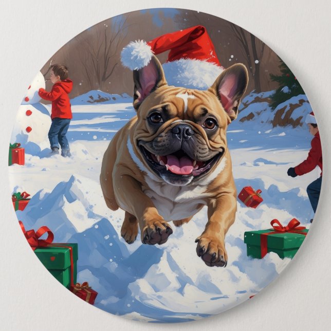 Französischer Bulldog im Schnee mit Weihnachtsmütz Button (Vorderseite)