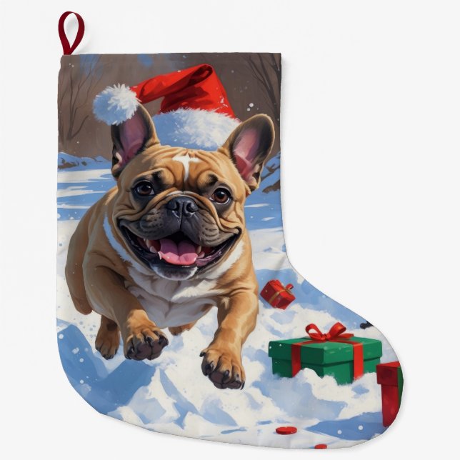 Französischer Bulldog im Schnee mit Weihnachtsmütz Großer Weihnachtsstrumpf