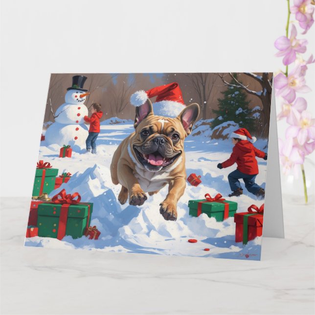 Französischer Bulldog im Schnee mit Weihnachtsmütz Karte (Orchidee)
