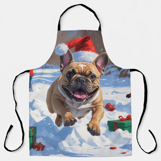 Französischer Bulldog im Schnee mit Weihnachtsmütz Schürze (Vorderseite)