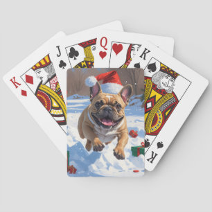 Französischer Bulldog im Schnee mit Weihnachtsmütz Spielkarten