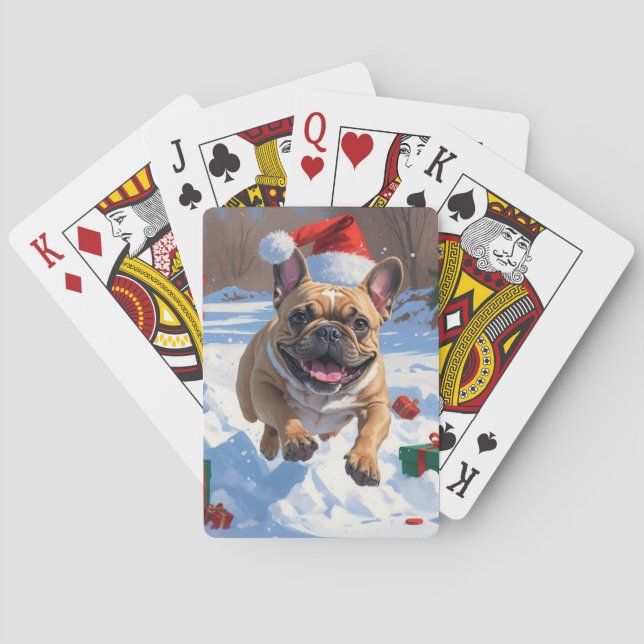 Französischer Bulldog im Schnee mit Weihnachtsmütz Spielkarten (Rückseite)