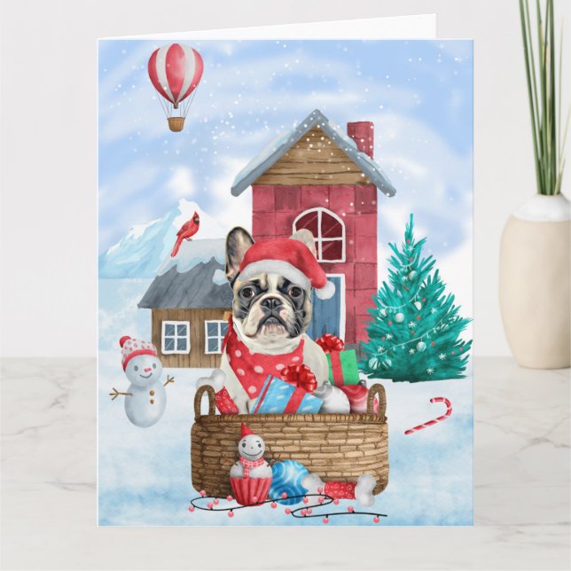 Französischer Bulldog im Schnee Weihnachts-Hundeha Karte (Vorderseite)