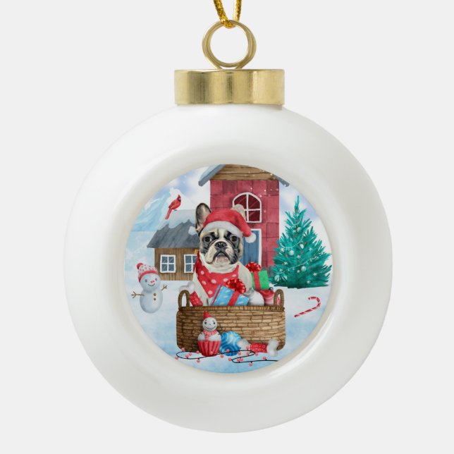 Französischer Bulldog im Schnee Weihnachts-Hundeha Keramik Kugel-Ornament (Vorderseite)