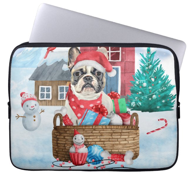 Französischer Bulldog im Schnee Weihnachts-Hundeha Laptopschutzhülle (Vorderseite)