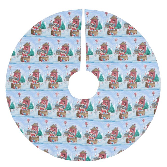 Französischer Bulldog im Schnee Weihnachts-Hundeha Polyester Weihnachtsbaumdecke (Vorderseite)