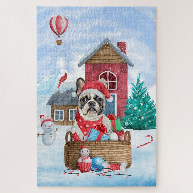 Französischer Bulldog im Schnee Weihnachts-Hundeha Puzzle (Vertikal)