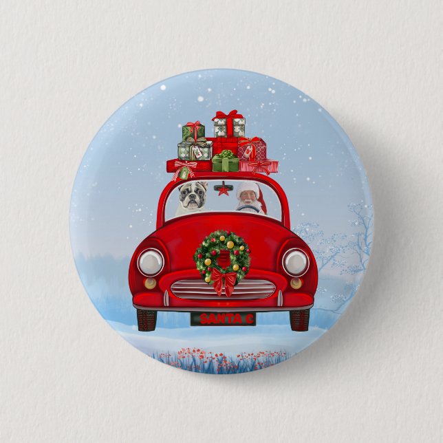 Französischer Bulldog in Auto mit dem Weihnachtsma Button (Vorderseite)