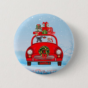 Französischer Bulldog in Auto mit dem Weihnachtsma Button