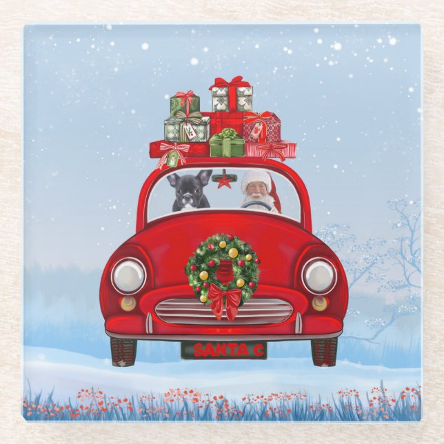 Französischer Bulldog in Auto mit dem Weihnachtsma Glasuntersetzer (Vorderseite)