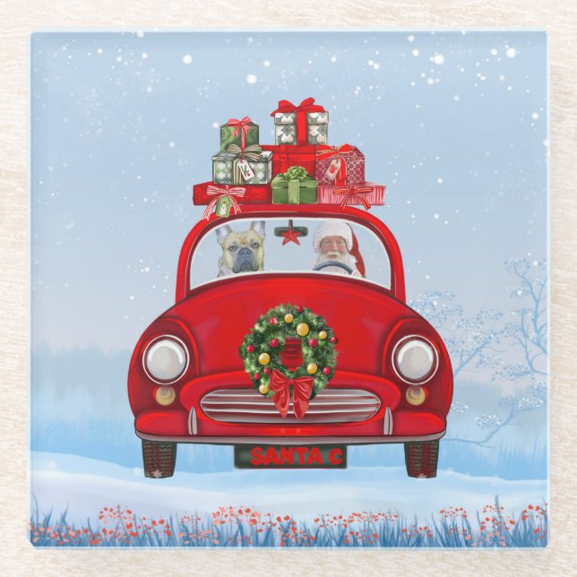 Französischer Bulldog in Auto mit dem Weihnachtsma Glasuntersetzer (Vorderseite)