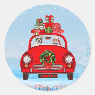 Französischer Bulldog in Auto mit dem Weihnachtsma Runder Aufkleber