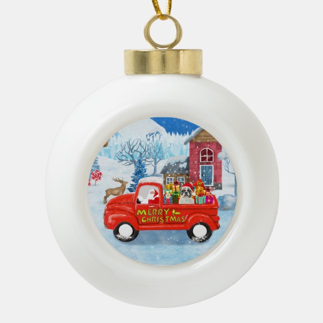 Französischer Bulldog in Christmas Delivery Truck  Keramik Kugel-Ornament (Vorderseite)