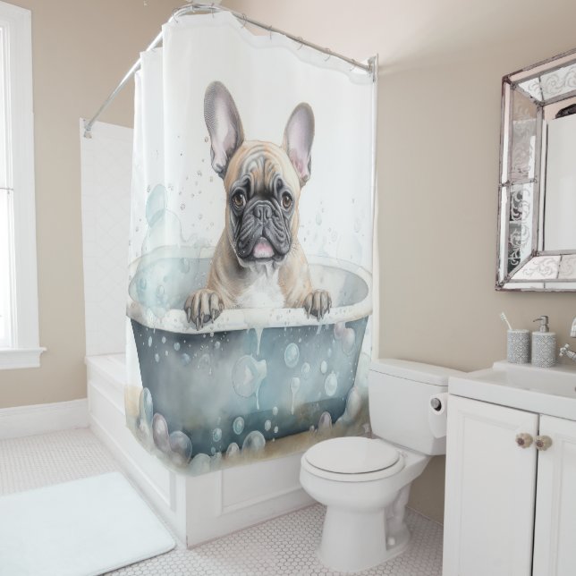 Französischer Bulldog in der Badewanne Wasserfarbe Duschvorhang (Beispiel)