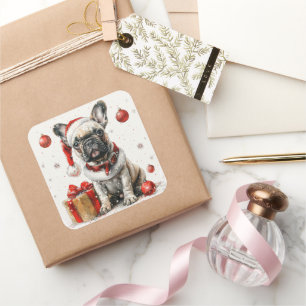 Französischer Bulldog in Santa Anzug mit Geschenkb Quadratischer Aufkleber