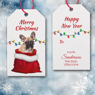 Französischer Bulldog in Santa Bag Geschenketikett Geschenkanhänger