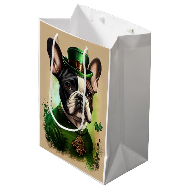 Französischer Bulldog in St. Patrick's Day Dress Mittlere Geschenktüte (Vorderseite Schrägansicht)
