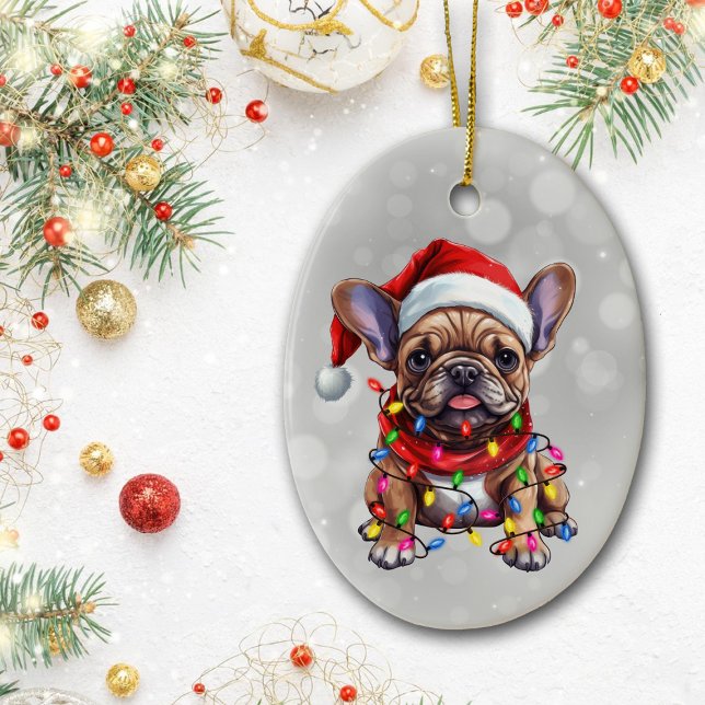 Französischer Bulldog in Weihnachtsbeleuchtung umm Keramik Ornament (Von Creator hochgeladen)