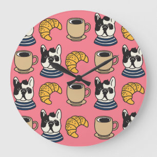 Französischer Bulldog, Kaffee, Croissant Thema. Große Wanduhr