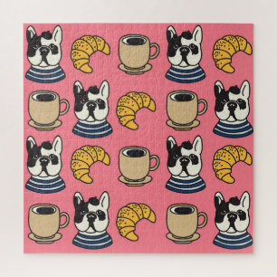 Französischer Bulldog, Kaffee, Croissant Thema. Puzzle