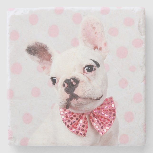 Französischer Bulldog mit Bow-Krawatte Steinuntersetzer (Vorderseite)
