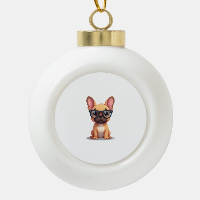 Französischer Bulldog mit Brillen Keramik Kugel-Ornament (Vorderseite)