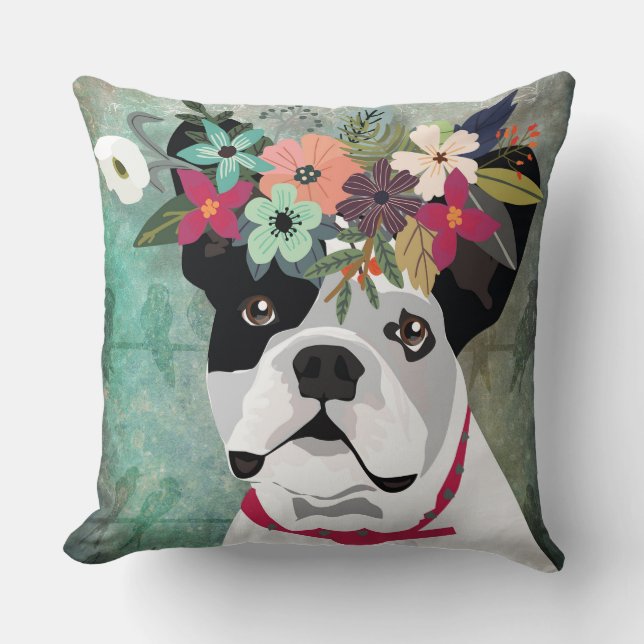 Französischer Bulldog mit einer Blume Kronen Kissen (Vorderseite)