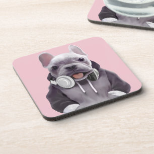 Französischer Bulldog mit Headphone Getränkeuntersetzer