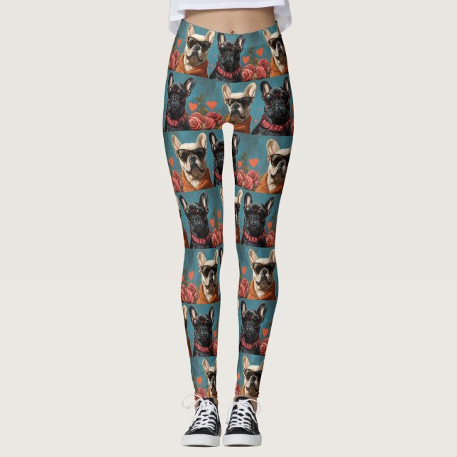 Französischer Bulldog mit Herz-Rose Valentinstag Leggings (Vorderseite)