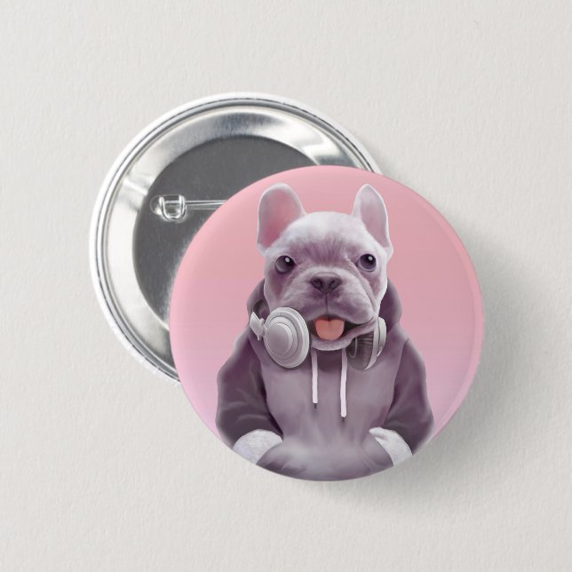 Französischer Bulldog mit Kopfhörer-Illustration Button (Vorne & Hinten)
