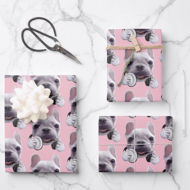 Französischer Bulldog mit Kopfhörer-Illustration Geschenkpapier Set (Vorderseite)