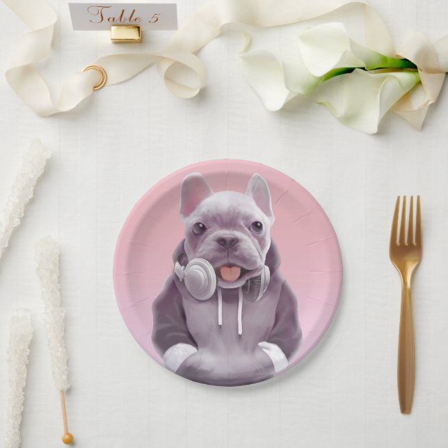 Französischer Bulldog mit Kopfhörer-Illustration Pappteller (Hochzeit)