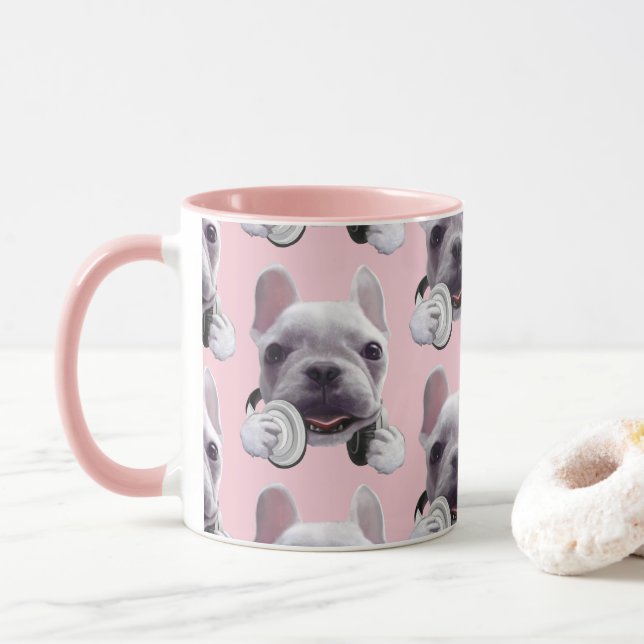 Französischer Bulldog mit Kopfhörer-Illustration Tasse (Mit Donut)