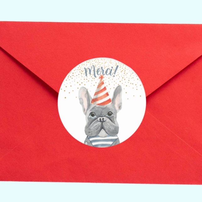 Französischer Bulldog mit Party Hat Merci Confetti Runder Aufkleber (Von Creator hochgeladen)