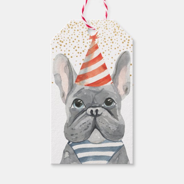 Französischer Bulldog mit Party Hat Merci Geschenkanhänger (Vorderseite)