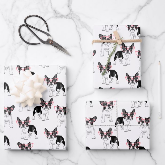 Französischer Bulldog mit rosa Brille Wrapping Pap Geschenkpapier Set (Vorderseite)