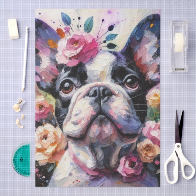 Französischer Bulldog mit Rose Blumendekoupage Seidenpapier (Handwerk)