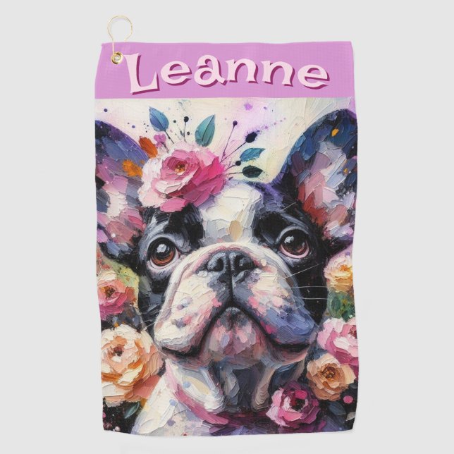 Französischer Bulldog mit Rose Floral Personalisie Golfhandtuch (Vorderseite)