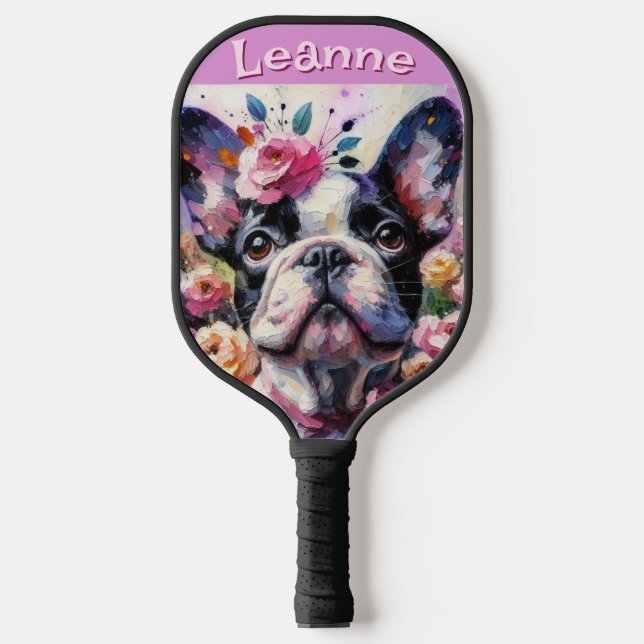 Französischer Bulldog mit Rose Floral Personalisie Pickleball Schläger (Vorderseite)